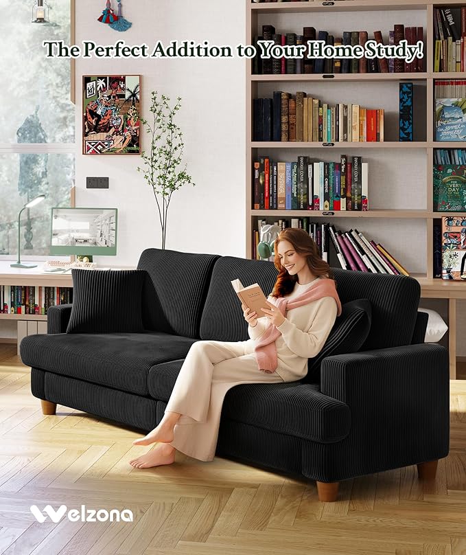 Welzona 87.2" Couches for Living Room, Comfy Black Couch 7.5" Extra Thick Cushion, Sofas for Living Room Tool-Free Setup, Loveseat Sofa 848lbs Support, Corduroy Couch for Bedroom, Apartment, Office