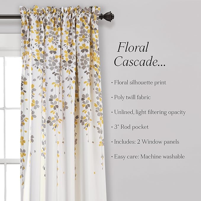 Lush Decor Weeping Flower Light Filtering Window Curtain Panels, Pair, 52"W x 84"L + 2" Header, Yellow & Gray - Charming Modern Floral Curtains for Living Room, Dining Room, & Bedroom