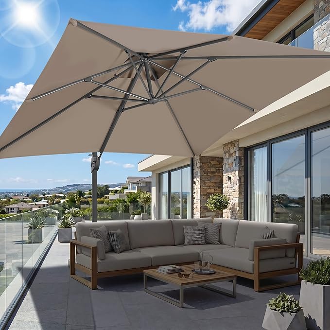 FLAME&SHADE 10 X 10 FT Cantilever Patio Umbrella - Large Offset Umbrella Outdoor Patio with 360-Degree Rotation and 3-Year Fade Resistance Fabric for Deck Pool Backyard Garden (Taupe)