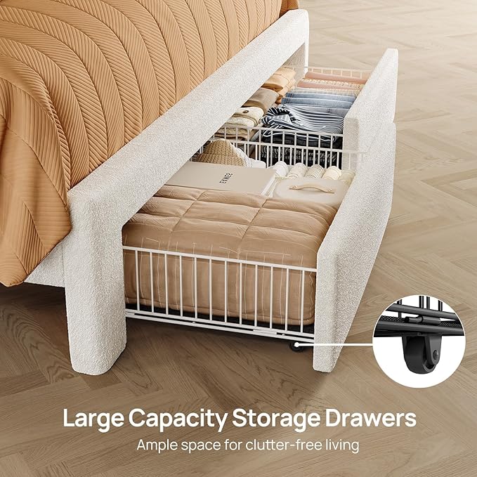 Rolanstar Full Bed Frame with Drawers, Storage Headboard with Charging Station and LED Lights, Upholstered Bed with Heavy Duty Wood Slats, No Box Spring Needed, Noise Free, Easy Assembly, Beige