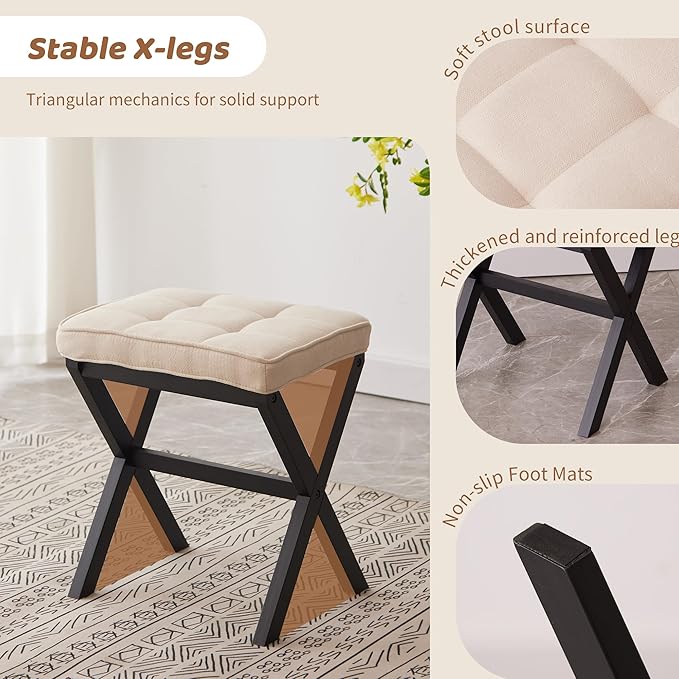 FILWH Foot Stool Small Ottoman Foot Rest Padded Foot Stool Desk for Under Office Desk Vanity Stool Bamboo Footstool Sofa Footrest Shoe Stool Small (Black Legs + Beige)