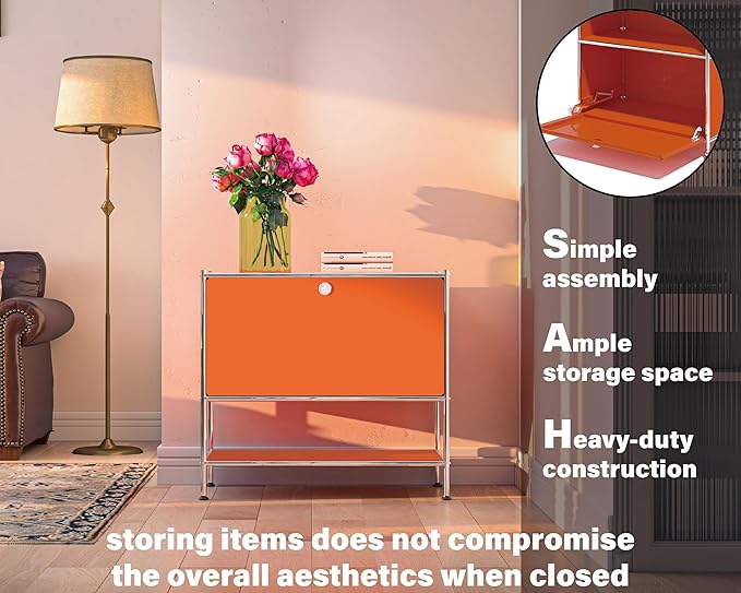 Metal Sidetable with Flap Door, 27.5" Height - DIY Modern Furnishing for Home, Office, Foyer, Bedroom - Night Stand, Book Shelf, Bookshelf, Cube Storage Organizer, Bedside Table (Orange)