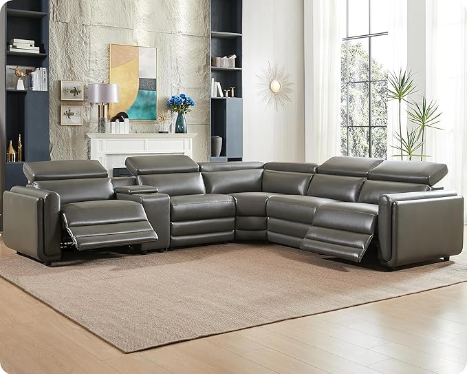 AMERLIFE Power Recliner Sofa, 129 Inch Oversized Reclining Sofa with Console & Speaker, 5 Seats L Shaped Sectional Couch for Living Room, Dark Grey Leather