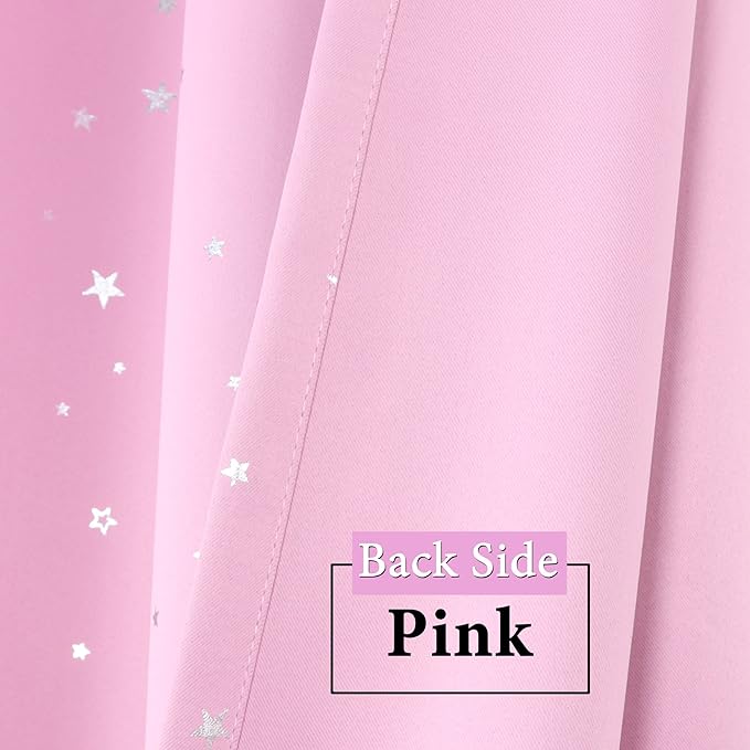 H.VERSAILTEX Blackout Star Curtains for Kids Room Boys Girls Twinkle Silver Stars Full Light Blocking Cute Thick Soft Curtain Drapes, Grommet Top, 2 Panels, 52" W x 63" L, Pink
