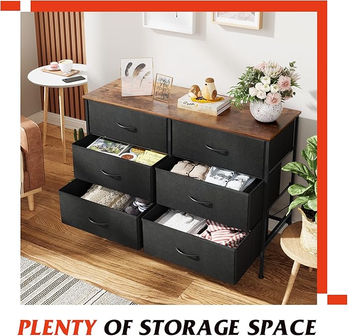 WLIVE Black Dresser for Bedroom with 6 Drawers, TV Stand for 50 Inches TV, Wide Dresser with Metal Frame, Wooden Top, Fabric Dresser for Closet, Hallway, Entryway, Black and Rustic Brown