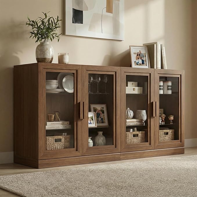 Casaphoria Adam Sideboard Buffet Cabinet with Storage, Display Cabinet with Glass Doors & Adjustable Shelves, 62" W x 31" H Buffet Cabinet for Entryway Kitchen Living Room, Walnut