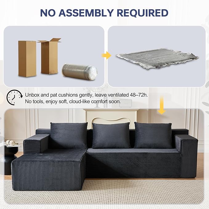 HonTop 103” Modular Sectional Sofa L-Shaped Cloud Couch, Boneless Comfy Corduroy Sofa with Deep Seat, Modern Minimalist Upholstered Couches, No Assembly Required for Living Room Bedroom, Dark Grey | Friendly Size, Flexible Modular, Family Pet-Friendly,...
