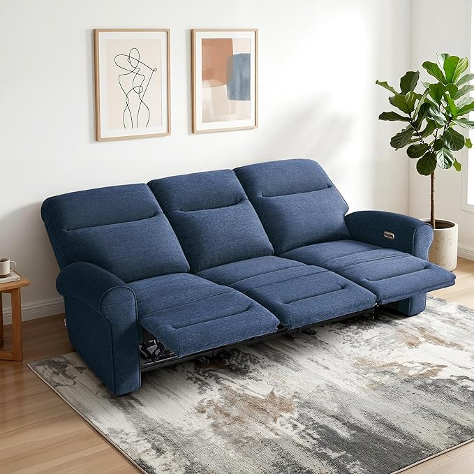 MCombo 87.8" Wall Hugger Power Reclining Sofa, 3-Seat Triple Recliner Couch with USB Ports, Rolled Arm Space Saving Recliner Sofa for Living Rooms Apartments RV, Fabric PR635M5 (Navy Blue) | 1.4" Wall Clearance