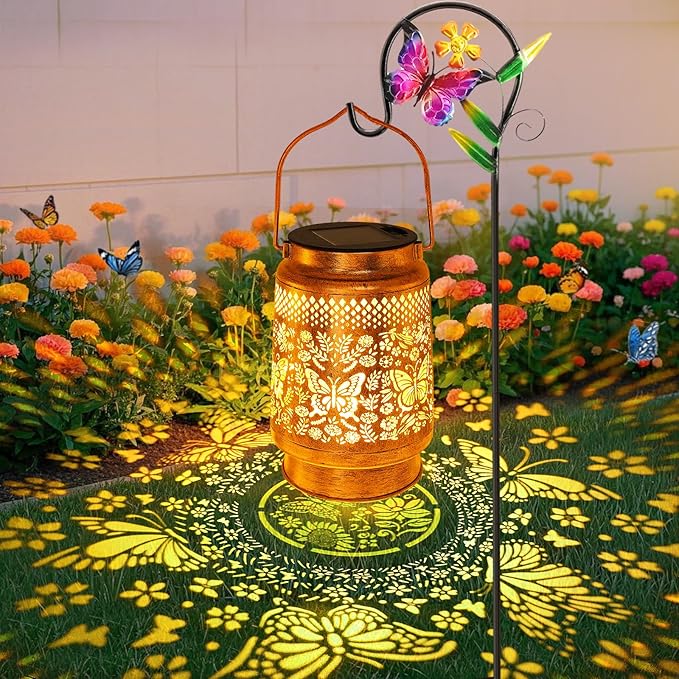 Solar Lanterns Outdoor Butterfly Garden Decor, Gifts for Women Mom Grandma Birthday, Waterproof Metal Hanging Solar Lights LED Decoration with Shepherd Hook Outside for Yard Patio Lawn Porch