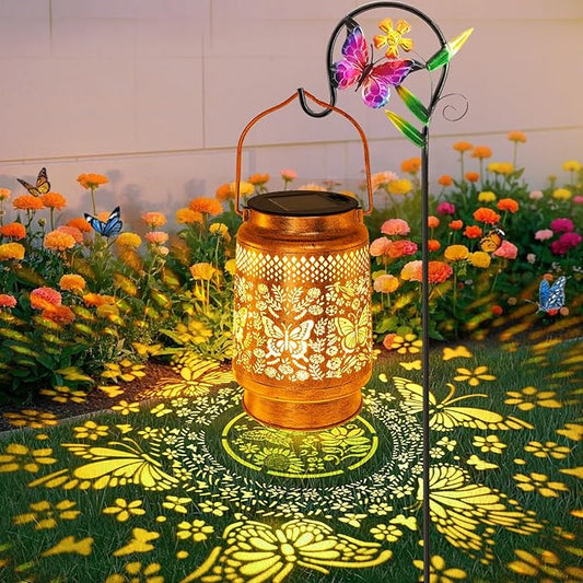 Solar Lanterns Outdoor Butterfly Garden Decor, Gifts for Women Mom Grandma Birthday, Waterproof Metal Hanging Solar Lights LED Decoration with Shepherd Hook Outside for Yard Patio Lawn Porch