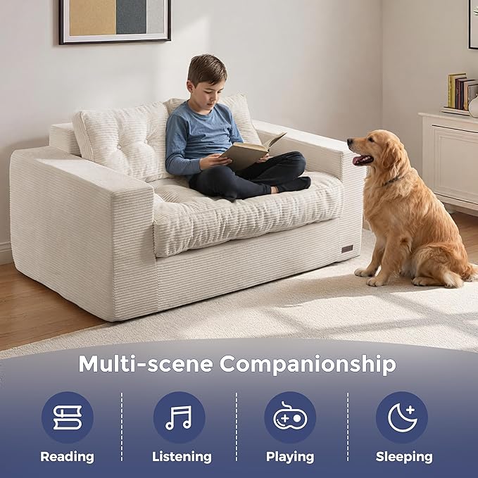 MAXYOYO Loveseat Sofa Couch, Upholstered Bean Bag Chair Cloud 2-Seat for Adults, Boneless Couch with Tufted Cushion & Pillows, Sofa in A Box, No Assembly Required, Beige