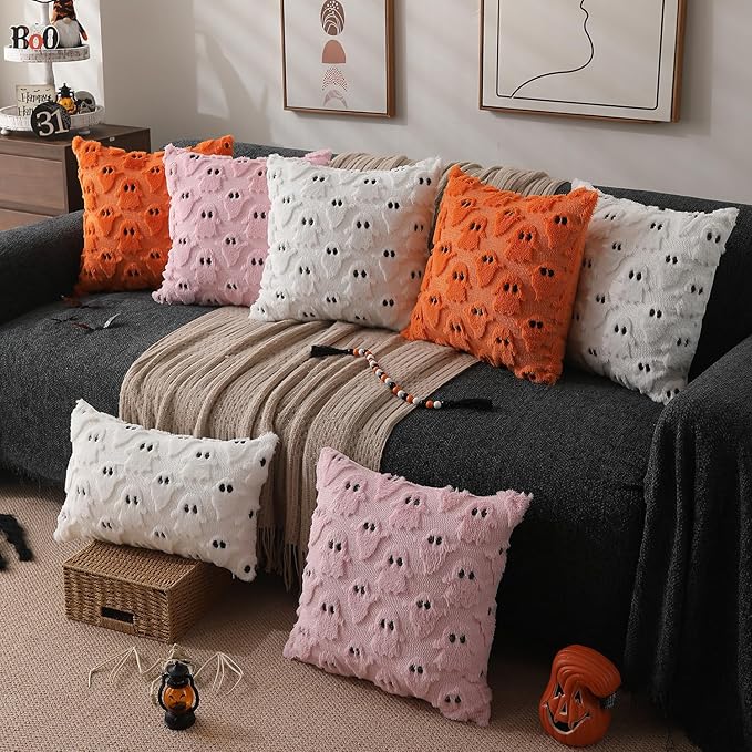 DFXSZ Halloween Pillow Covers 16x16 inch Set of 2 Orange Ghost Throw Pillow Cases Soft Plush Faux Fur Wool Couch Cushion Case for Chair Sofa Bedroom Living Room Home Decor PTK03C16