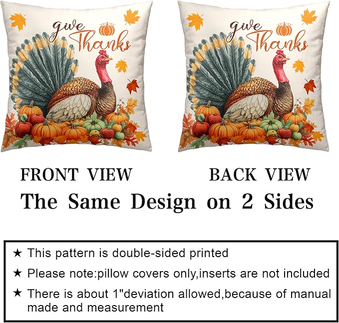 Set of 2 Thanksgiving Throw Pillow Covers 24x24 Turkey with Autumn Pumpkin Pillow Covers Fall Harvest Pillow Case Square Cushion Case for Living Room Couch