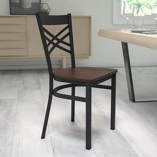 Flash Furniture HERCULES Series Black ''X'' Back Metal Restaurant Chair - Mahogany Wood Seat