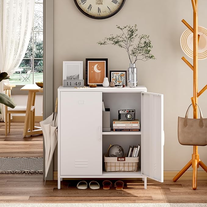 Metal Storage Cabinet with 2 Door, Steel Locker Sideboard Buffet Cabinet Console Table for Home Office (White, H35.43'')