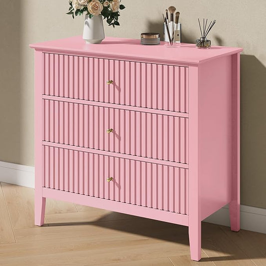 Large Pink 3 Drawer Dresser, Painted 30 Inch Tall Wood Nightstand with Storage, Wide Modern Chest of Drawers with Ball Bearing Slide for Bedroom Hallway Living Room Entryway Office