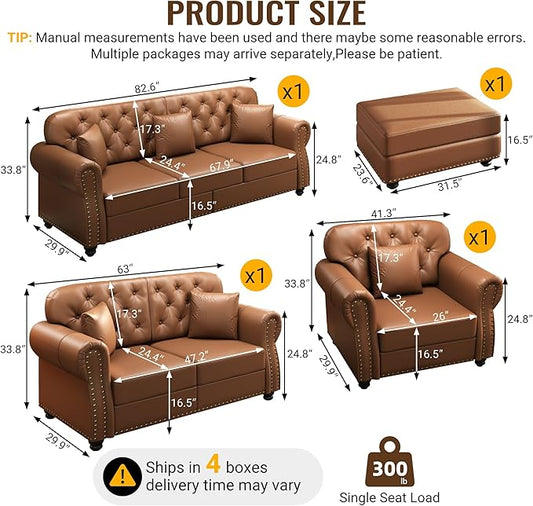 KEIKI 3-Piece Chesterfield Sofa Set with 1 Faux Leather 3-Seater Sofa & 1 Loveseat & 1 Single Sofa, 6-Seater Couch Set with Nailhead Trim & Rolled Arms & 1 Ottoman & 6 Pillow, for Living Room, Brown
