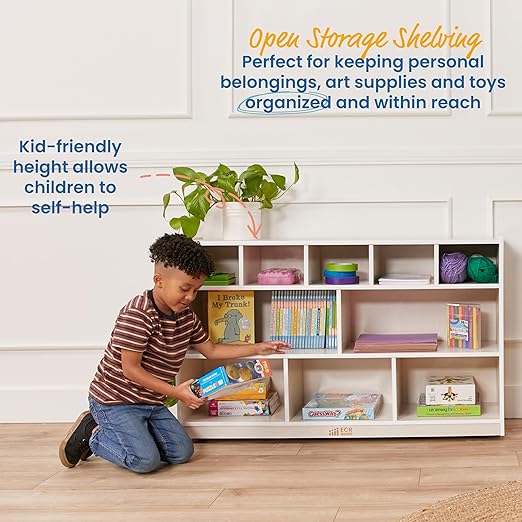 ECR4Kids 5+5 Cubby and Storage Mobile Tray Cabinet, Classroom Furniture, White Wash