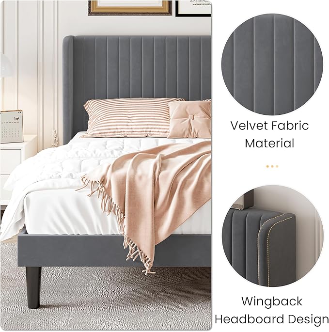 SHA CERLIN Full Size Velvet Bed Frame with Vertical Channel Tufted Wingback Headboard, Upholstered Platform Bed with Wood Slats, No Box Spring Needed, Easy Assembly, Grey