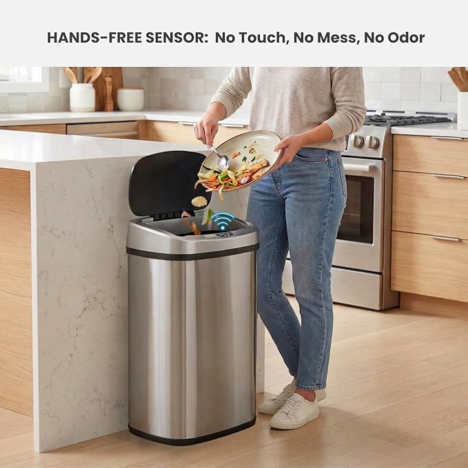 iTouchless 13 Gallon Oval Sensor Trash Can with Odor Filter, Fingerprint-Proof Stainless Steel, 50 Liter Automatic Kitchen Garbage Bin, Smart Hands-Free Motion Lid, Quiet Soft-Close, Brushed Silver