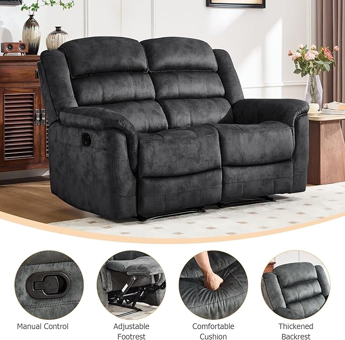 EBELLO Loveseat Recliner Sofa for Living Room, Extra Wide Modern Overstuffed 2 Seat Reclining Sofa Chair, Breathable Fabric Dual Manual Recliner, Grey