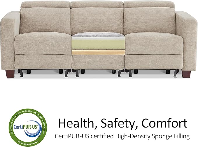 MCombo 88.6'' Reclining Sofa, Wall Hugger Power Recliner Sofa with Adjustable Headrest, USB A & C Charge Ports, Wood Legs, for Living Room (Fabric, HL198M3) (Beige, 3-Seater)