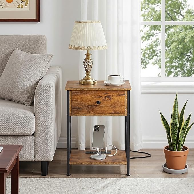 VECELO End Table with Charging Station, Night Stand with Drawers, 2-Tier Bedside Tables with USB Ports & Outlets, Side Table with Storage Shelf for Living Room/Bedroom, Rustic Brown
