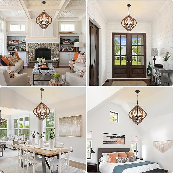 18.5" Farmhouse Chandelier for Dining Room, 6-Light Farmhouse Wood Chandelier, Rustic Dining Room Light Fixture, Rustic Pendant Lighting for Kitchen Island Living Room Bedroom Foyer