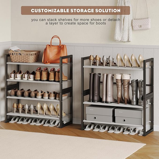 8-Tier Tall Shoe Rack, Stackable Zero-Wobble Metal Frame with Screw-Fastened Joints, 11.8" Deep Heel-Friendly Non-Woven Shelves, Space-Saving Shoe Tower for Closet Entryway Bedroom