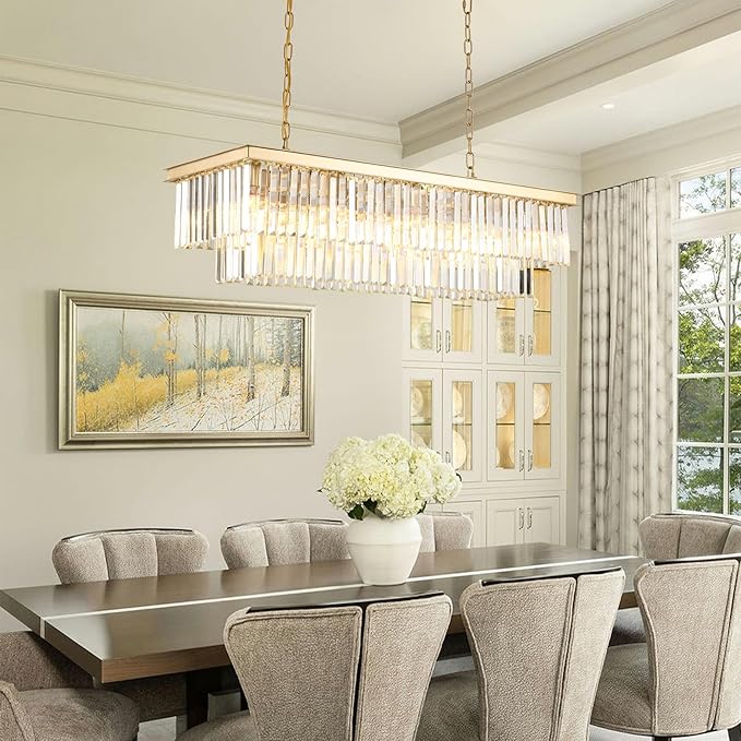 Gold Rectangular Chandelier 40 Inch-10-Light Luxury Crystal Pendant Lighting for Dining Room, Kitchen Island & Bar-Adjustable Height, Flush Mount Ceiling Fixture,Premium Lighting Fixture(Gold, L-40")