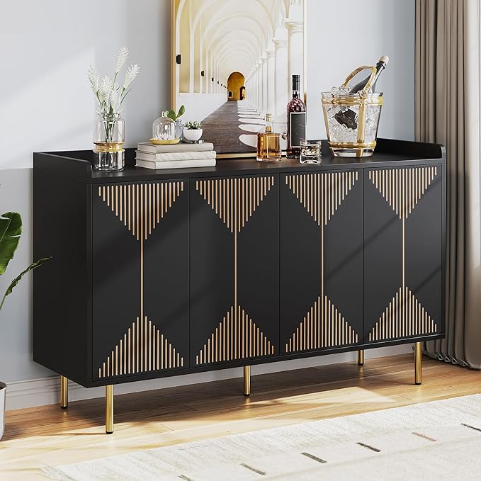DWVO Modern Kitchen Storage Cabinet with Adjustable Shelves, 55" Sideboard Buffet Cabinet with Storage for Hallway, Kitchen or Living Room, Black