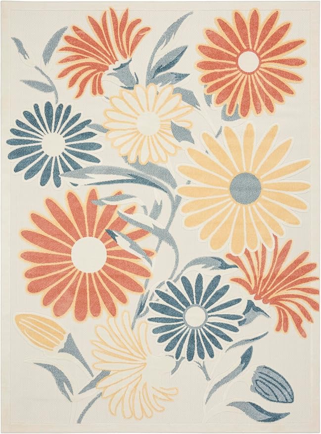 Nourison Home Aloha Ivory Rose 9' x 12' Area Rug - Easy Clean, Non Shedding, Bed Room, Living Room, Dining Room, Kitchen (9' x 12')