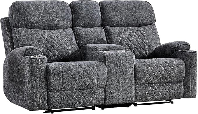EBELLO Power Reclining Sofa Couch, Fabric Electric Recliner Loveseat Sofa with Cup Holders, USB Type-C Charging Ports and Storage Space, 2 Seats for Small Living Room, Bedroom and Meeting Room, Grey