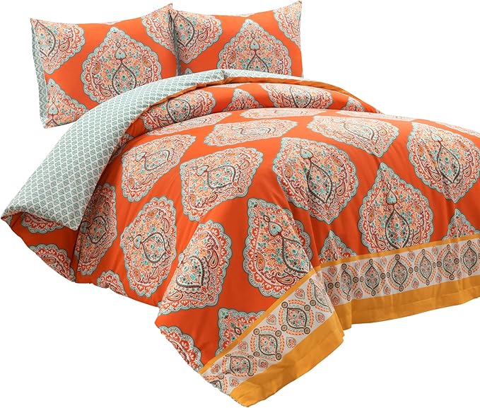 Lush Decor Harley Reversible Cotton Duvet Cover King Size 3 Piece Set Tangerine - Boho Bedding Set King Duvet Covers - Orange Boho Bedroom Decor