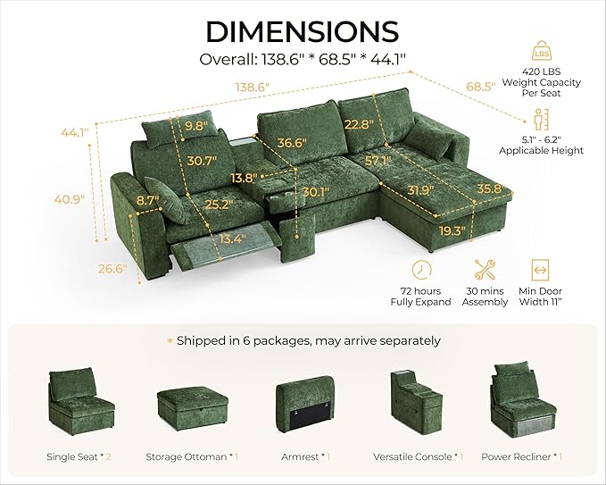 138.6'' Oversized Power Recliner Sofa with Headrest, Modular Cloud Sectional Couch with Convertible Table, Charging, Drawer, Cup Holder, 4-Seater with Storage Ottoman, Chenille, Green