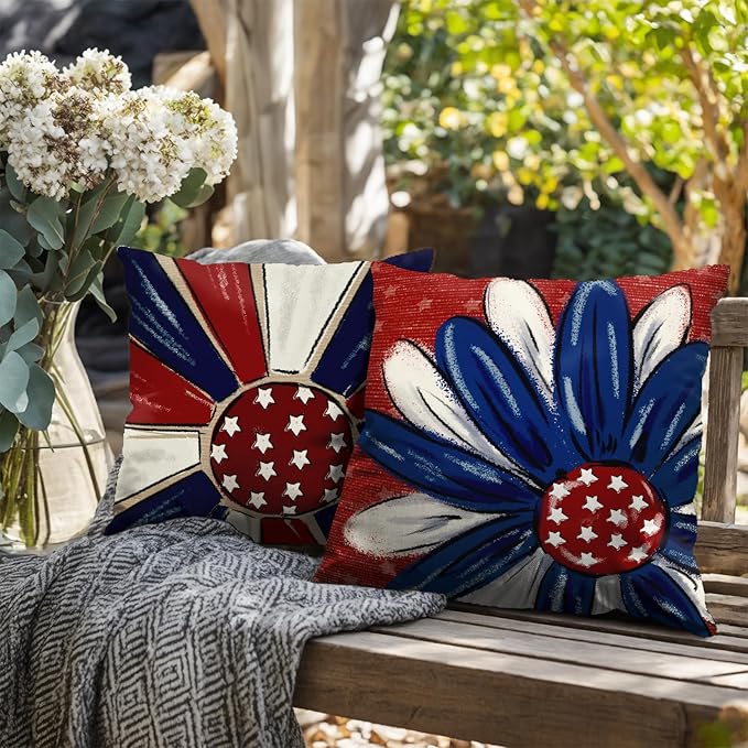 4th of July Patriotic Pillow Covers 18x18 Set of 2 Red White Blue Flower Stars Fourth of July Decorative Pillow Cases Independence Memorial Day Outdoor Cushion Cover for Home Couch Sofa