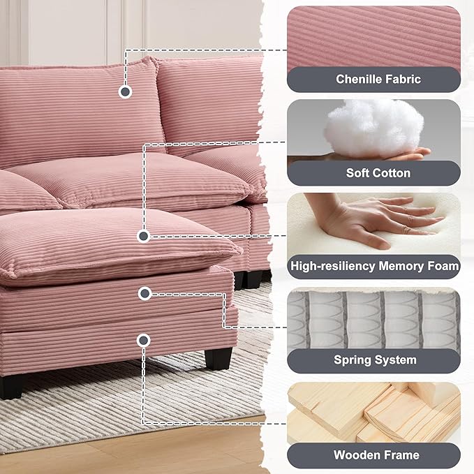 103" Oversized Modular Sectional Sofa Couch with Reversible Ottoman, Free Combination Convertible Corner Couch,Corduroy Upholstered Cloud Sectional Couch with Side Pockets | Multiple Cushions, DIY Combination, Removable Cover