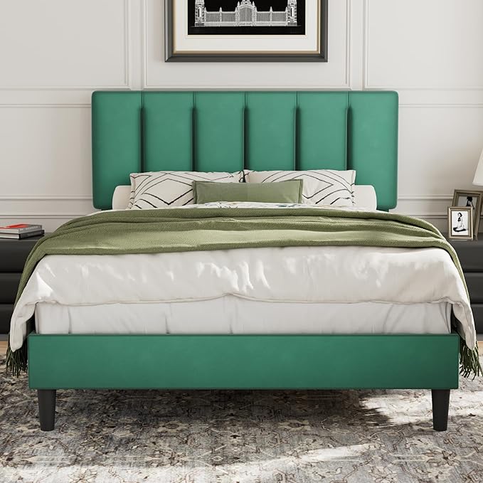 VECELO Full Size Bed Frame with Upholstered Headboard, Heavy-Duty Bedframe with Wooden Slats & Steel Framework, Easy Assembly, Dark Green