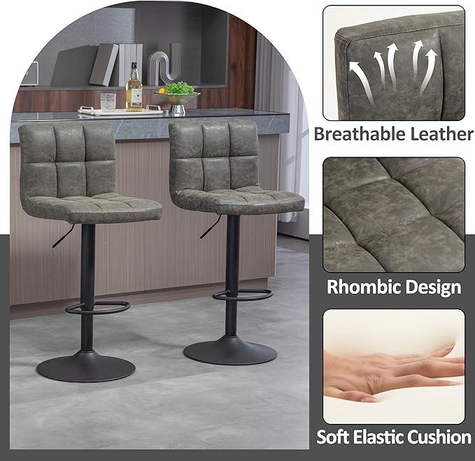 Finnhomy Bar Stools Set of 2 Counter Height, Swivel Barstools with Footrest and L Shape Thicken Cushion Back, Height Adjustable Modern Bar Chairs, Vintage Leather, Retro Grey
