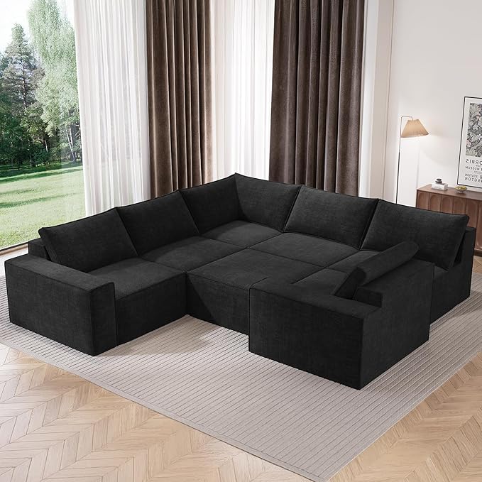 Vesgantti 143.7" Oversized Boneless Couch, Modern 7 Seater Modular Sectional Sofa with Deep Seat, Convertible Chenille Cloud Couches for Living Room, No Assembly Required, Black