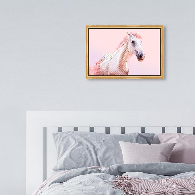 Country Farmhouse Canvas Print Painting Animal Wall Art 'Pink Glam Horse' Gold Framed Canvas Rustic Home Décor 15x10 in Pink, White by Oliver Gal