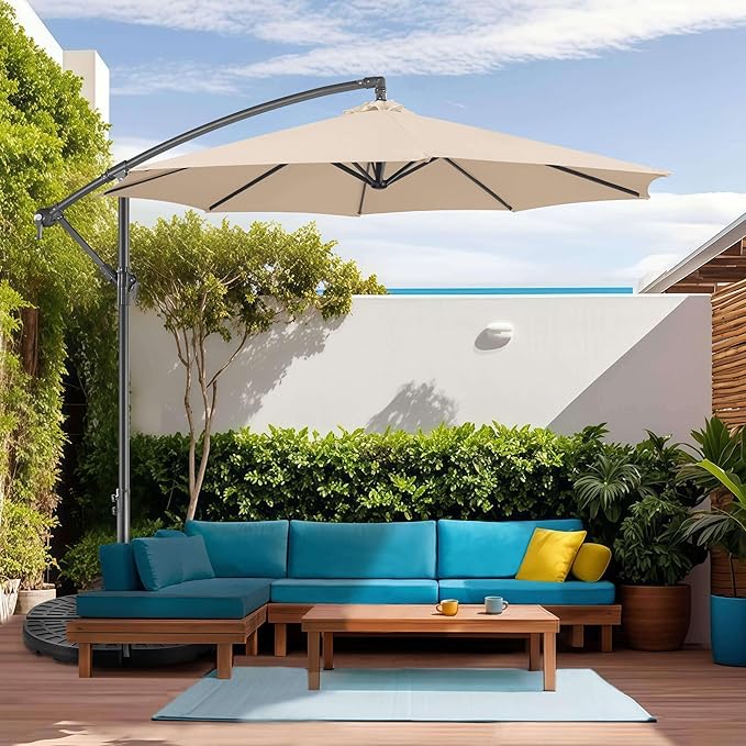 FLAME&SHADE 10ft Cantilever Patio Umbrella Outdoor, Large Offset Umbrella with Crank and Cross Base, UPF 50+ UV Protection Hanging Umbrella for Pool Deck Garden, Beige