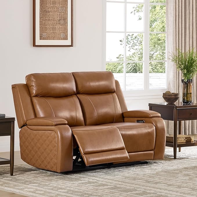 Watson & Whitely Genuine Leather Power Loveseat Recliner Sofa, Zero Gravity Reclining Loveseat with Power Headrest & Hidden Storage, Charging Ports, Dual Recliner Sofas for Living Room, Saddle Brown