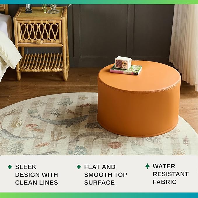 Large 22" Sturdy and Comfortable Ottoman Wipe-Clean Pouf Boho Geometric Design for Kids Toddler Playroom with Foam Filling as Seating Footrest Side Table College Dorm Décor PU Leather (Burnt Orange)