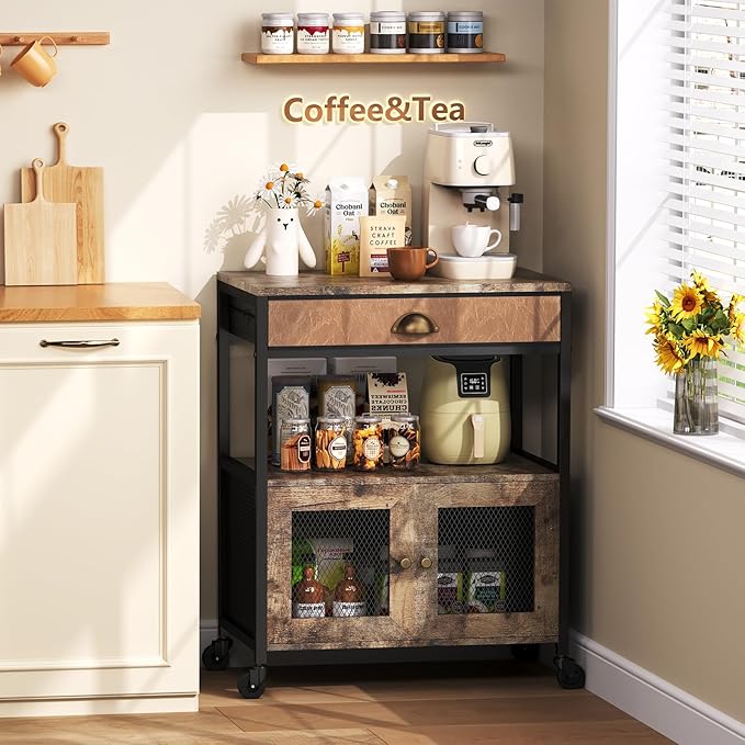 X-cosrack Coffee Bar Cabinet，3 Tiers Kitchen Coffee Cart with Drawer for The Home, Movable Farmhouse Ktichen Station Table on Wheels for Living Room, Entryway, Dining Room, Kitchen