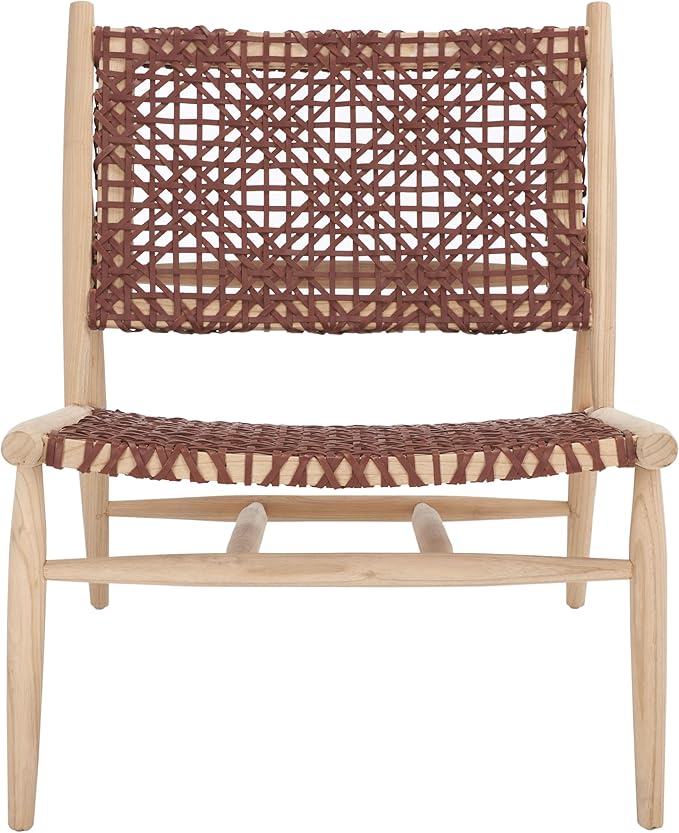 SAFAVIEH Home Collection Bandelier Natural Sungkai Solid Wood/Cognac Brown Leather Weave Accent Chair (Fully Assembled)