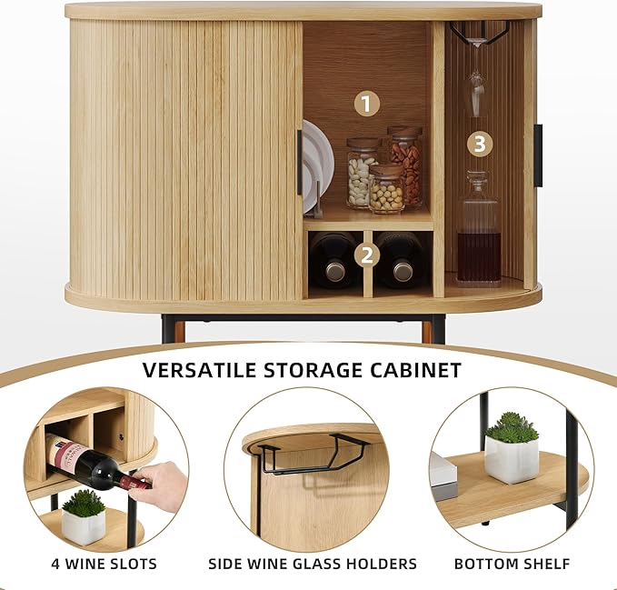 YITAHOME Sideboard Buffet Cabinet with LED Light, Fluted Storage Cabient with Sliding Door, Wine Rack and Glass Holders, Home Coffee Bar Cabinet with Storage for Kitchen, Living Room, Natural Oak