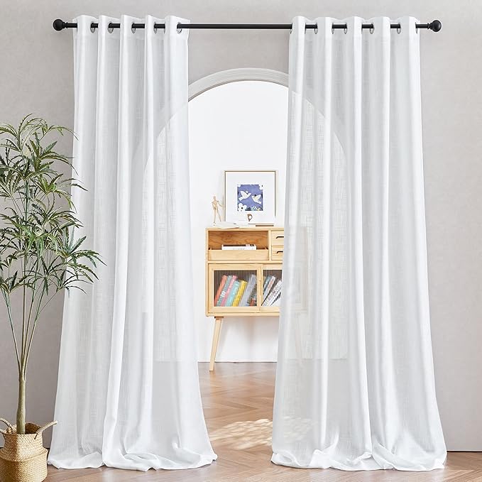 NICETOWN Linen Sheer White Curtains 96 inches Length for Windows, Grommet Top Elegant Linen Blend Textured Window Dressings for French Door/Bedroom/Living Room, W66 x L96, 2 Panels