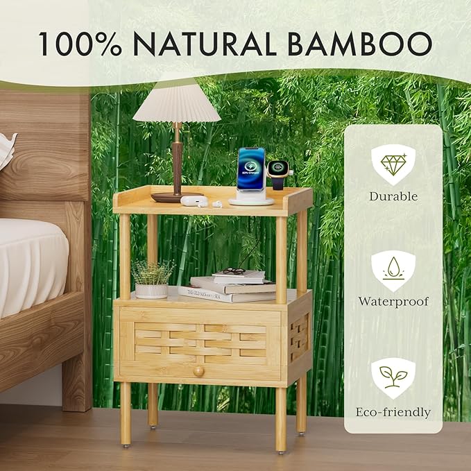 Amazer Bamboo Nightstand with Charging Station, Bedside Table with USB Ports & Outlets, End Table, Night Stand for Bedroom Lift-Up Drawer & Open Shelf, Natural Color
