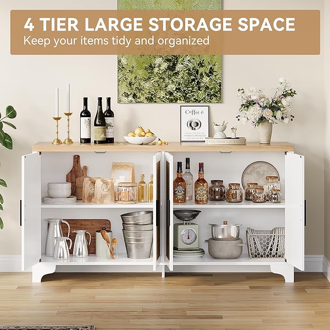 GarveeHome 4-Door Sideboard Buffet Cabinet, Natural Rattan Storage Cabinet, Boho Entryway Console Table, Coffee Bar Station for Dinning Room, Living Room, Kitchen, White